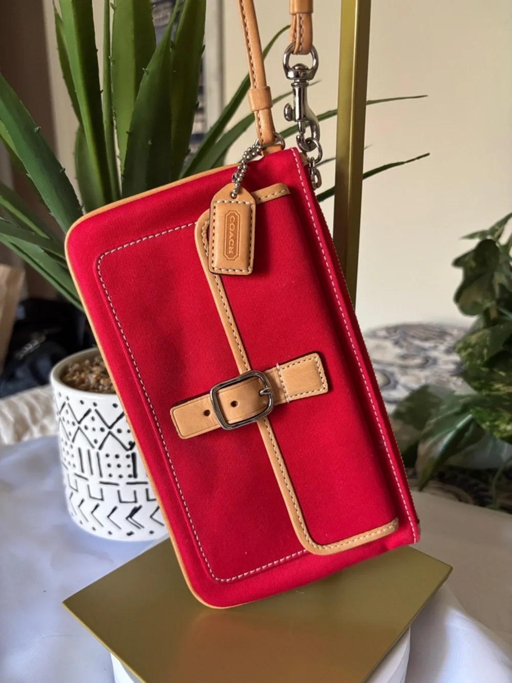 Coach Red Canvas Wristlet with Tan Leather Accents Y2K